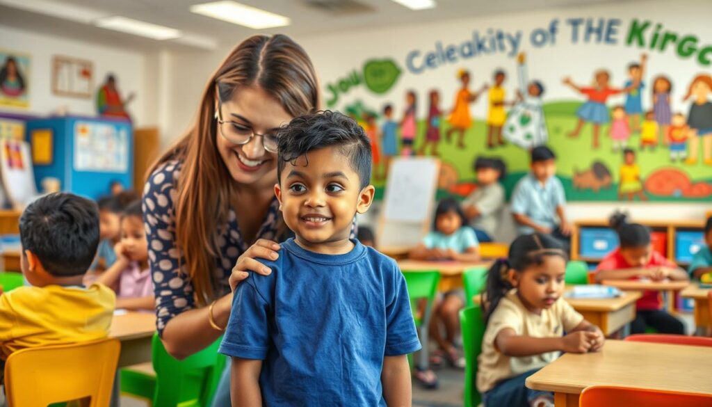 A vibrant and inclusive classroom setting, with a diverse group of students engaged in various educational activities. In the foreground, a child with autism is being assisted by a caring teacher, utilizing specialized educational tools and methods to support their learning. The middle ground showcases a well-equipped classroom, with colorful displays, educational posters, and warm lighting that creates a welcoming atmosphere. In the background, a mural depicting inclusivity and the celebration of diversity, symbolizing the school's commitment to providing an enriching and equitable educational experience for all students. A vibrant and inclusive classroom setting, with a diverse group of students engaged in various educational activities. In the foreground, a child with autism is being assisted by a caring teacher, utilizing specialized educational tools and methods to support their learning. The middle ground showcases a well-equipped classroom, with colorful displays, educational posters, and warm lighting that creates a welcoming atmosphere. In the background, a mural depicting inclusivity and the celebration of diversity, symbolizing the school's commitment to providing an enriching and equitable educational experience for all students.
