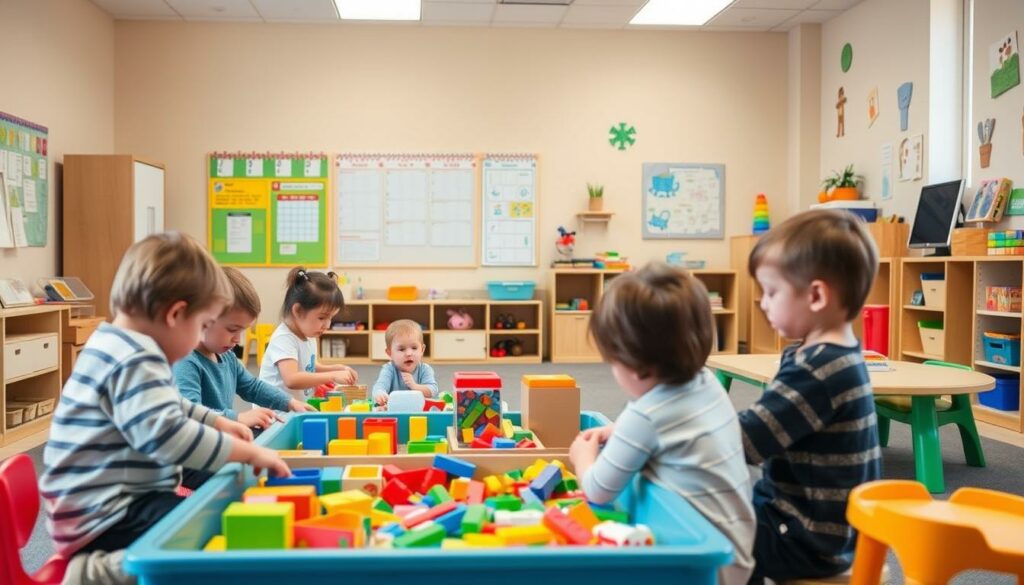 A warm and inviting classroom setting, with an array of educational toys and learning materials designed for children with autism spectrum disorder (ASD). In the foreground, a group of young students engage in hands-on activities, such as playing with sensory bins, building with colorful blocks, and exploring tactile manipulatives. The middle ground features a calm, well-organized space with visual schedules, picture communication symbols, and assistive technology devices, all tailored to support the unique learning needs of ASD children. The background showcases a cheerful, sensory-friendly environment with muted colors, soft lighting, and calming décor, creating a safe and comfortable atmosphere for the students. The overall scene conveys a sense of inclusivity, creativity, and personalized learning experiences designed to nurture the growth and development of children with autism. A warm and inviting classroom setting, with an array of educational toys and learning materials designed for children with autism spectrum disorder (ASD). In the foreground, a group of young students engage in hands-on activities, such as playing with sensory bins, building with colorful blocks, and exploring tactile manipulatives. The middle ground features a calm, well-organized space with visual schedules, picture communication symbols, and assistive technology devices, all tailored to support the unique learning needs of ASD children. The background showcases a cheerful, sensory-friendly environment with muted colors, soft lighting, and calming décor, creating a safe and comfortable atmosphere for the students. The overall scene conveys a sense of inclusivity, creativity, and personalized learning experiences designed to nurture the growth and development of children with autism.