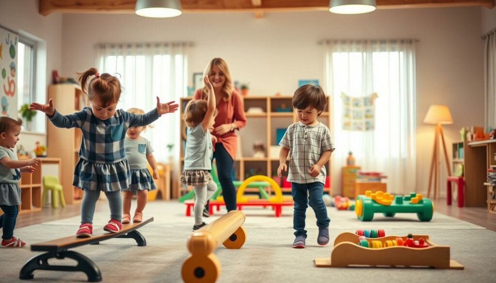 A warm, engaging indoor scene showcasing motor activities for autistic children. In the foreground, a group of young children engage in a variety of structured exercises, such as balancing on beams, navigating through obstacle courses, and practicing fine motor skills with sensory toys. The middle ground features a caring, attentive teacher guiding the children, using positive reinforcement and adapted equipment to encourage their participation. The background depicts a cozy, well-lit classroom space, filled with colorful, child-friendly decor that stimulates the senses and promotes a calming, nurturing environment. Soft, diffused lighting and a muted color palette evoke a sense of comfort and safety, ideal for fostering the development of motor skills in autistic children. A warm, engaging indoor scene showcasing motor activities for autistic children. In the foreground, a group of young children engage in a variety of structured exercises, such as balancing on beams, navigating through obstacle courses, and practicing fine motor skills with sensory toys. The middle ground features a caring, attentive teacher guiding the children, using positive reinforcement and adapted equipment to encourage their participation. The background depicts a cozy, well-lit classroom space, filled with colorful, child-friendly decor that stimulates the senses and promotes a calming, nurturing environment. Soft, diffused lighting and a muted color palette evoke a sense of comfort and safety, ideal for fostering the development of motor skills in autistic children.