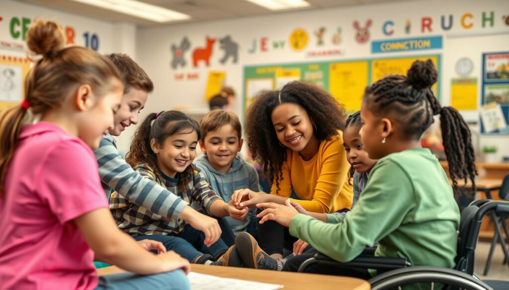 A warm, inclusive classroom setting with students of diverse backgrounds engaged in collaborative learning activities. The foreground features a group of students - some with physical disabilities, others from different ethnic and cultural backgrounds - working together on a hands-on project, their expressions filled with curiosity and enthusiasm. The middle ground showcases a teacher guiding and facilitating the group, their body language conveying a nurturing, supportive presence. The background depicts a well-lit, colorful classroom environment with learning materials and inspirational wall displays, creating a sense of an enriching, welcoming educational space. Soft, diffused lighting and a harmonious color palette evoke a atmosphere of acceptance, community, and mutual growth. A warm, inclusive classroom setting with students of diverse backgrounds engaged in collaborative learning activities. The foreground features a group of students - some with physical disabilities, others from different ethnic and cultural backgrounds - working together on a hands-on project, their expressions filled with curiosity and enthusiasm. The middle ground showcases a teacher guiding and facilitating the group, their body language conveying a nurturing, supportive presence. The background depicts a well-lit, colorful classroom environment with learning materials and inspirational wall displays, creating a sense of an enriching, welcoming educational space. Soft, diffused lighting and a harmonious color palette evoke a atmosphere of acceptance, community, and mutual growth.