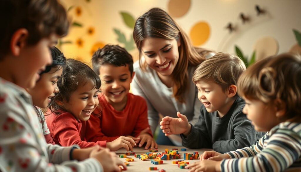 A warm, inviting scene depicting the social and communicative development of autistic children. In the foreground, a group of children engage in playful, imaginative interaction, their faces alight with joy and curiosity. The middle ground features a nurturing, attentive adult guiding the children's activities, fostering their social skills and emotional expression. In the background, a softly-lit, nature-inspired setting with soothing colors and textures creates a calming, therapeutic atmosphere. Soft, diffused lighting illuminates the scene, capturing the tenderness and care of this educational moment. The overall composition conveys a sense of growth, connection, and the empowerment of autistic children through supportive, personalized strategies. A warm, inviting scene depicting the social and communicative development of autistic children. In the foreground, a group of children engage in playful, imaginative interaction, their faces alight with joy and curiosity. The middle ground features a nurturing, attentive adult guiding the children's activities, fostering their social skills and emotional expression. In the background, a softly-lit, nature-inspired setting with soothing colors and textures creates a calming, therapeutic atmosphere. Soft, diffused lighting illuminates the scene, capturing the tenderness and care of this educational moment. The overall composition conveys a sense of growth, connection, and the empowerment of autistic children through supportive, personalized strategies.