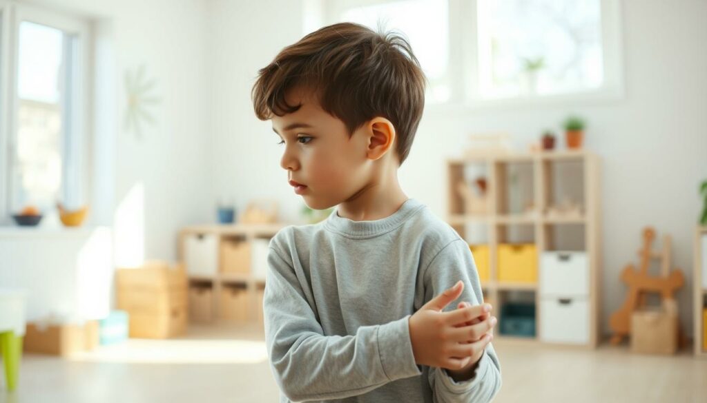 A young autistic child, around 8-10 years old, engaged in a routine daily task with focused concentration. The child is standing in a bright, airy room with natural lighting filtering through large windows. The walls are painted in soft, soothing colors, and the room is arranged with minimal clutter, creating a calm, nurturing environment. The child is wearing comfortable, casual clothing and is shown in profile, their features softly defined. The scene captures the child's determination and perseverance as they complete a familiar, everyday activity, highlighting the importance of establishing structure and predictability for individuals on the autism spectrum. A young autistic child, around 8-10 years old, engaged in a routine daily task with focused concentration. The child is standing in a bright, airy room with natural lighting filtering through large windows. The walls are painted in soft, soothing colors, and the room is arranged with minimal clutter, creating a calm, nurturing environment. The child is wearing comfortable, casual clothing and is shown in profile, their features softly defined. The scene captures the child's determination and perseverance as they complete a familiar, everyday activity, highlighting the importance of establishing structure and predictability for individuals on the autism spectrum.