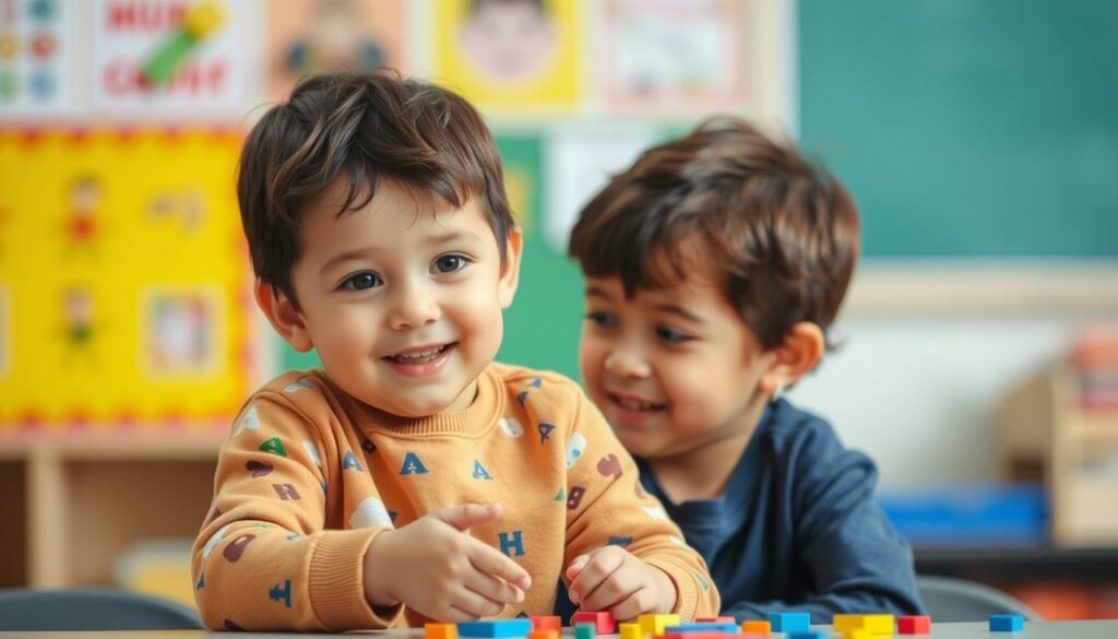 Imagem de uma criança autista engajada em uma atividade lúdica na escola Imagem de uma criança autista engajada em uma atividade lúdica na escola