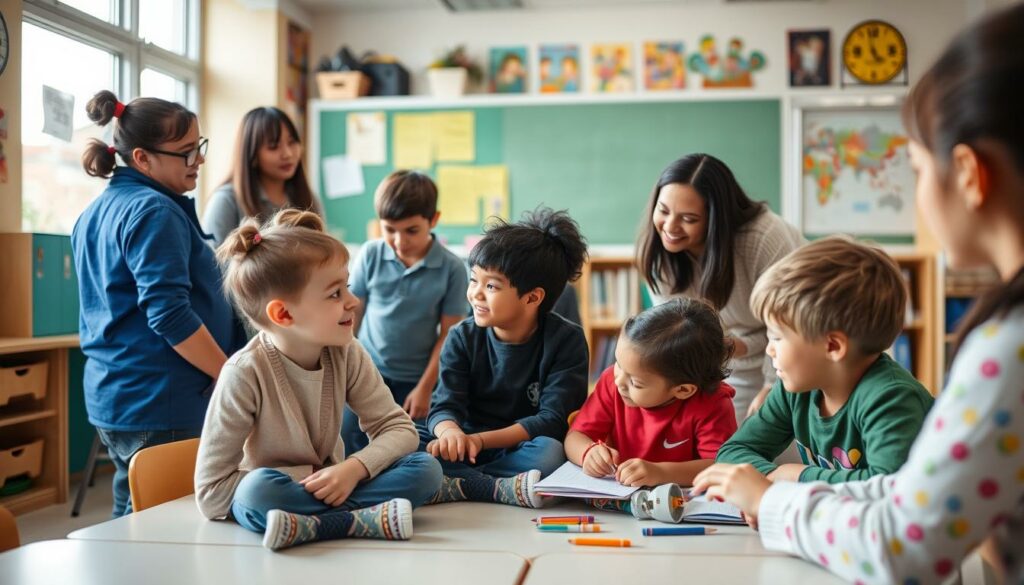 Imagem de uma sala de aula inclusiva com alunos e professores trabalhando juntos Imagem de uma sala de aula inclusiva com alunos e professores trabalhando juntos